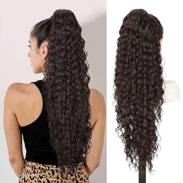 QGZ Curly Ponytail Extension,Drawstring Ponytail for Black Women 30 Inch Synthetic Long Curly Wavy Clip in Pony Tails Hair Extensions for Daily Use(Reddish Brown)