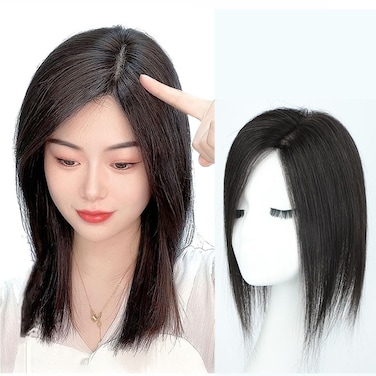 U-Part Silk Base Real Human Hair Topper Side Part Clip in Hairpiece Straight Seamless Wiglet Replacement for Women Hair Loss (Right Part, 22cm, Black)