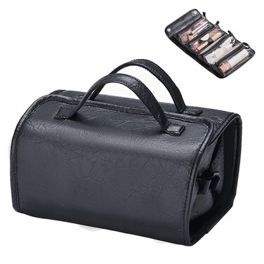 Travel Toiletry Makeup Bag PU Leather 4 Clear Detachable, Roll up Hanging Makeup Bag Leather, Multi Compartment Leather Waterproof Foldable Elegant Cosmetic Bag Detachable, Black