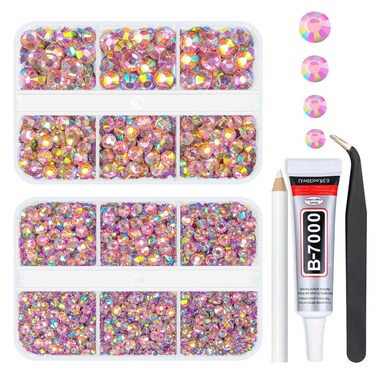 Pink AB Resin Crystal Rhinestones w B7000 Jewelry Glue for Bedazzling Crafting 3mm 4mm 5mm 6mm Flatback Gems Stones Diamonds Crystals Charms for Nails Face Eyes Makeup Tumblers Bottles Crafts