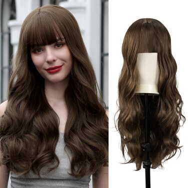 Long Brown Wave Wig for Women 24 inch Curly Wig with Bangs Heat Resistant Synthetic Hair Looking Natural Adjustable Bangs Length Natural Wigs Christmas Cosplay,Halloween,Daily Party