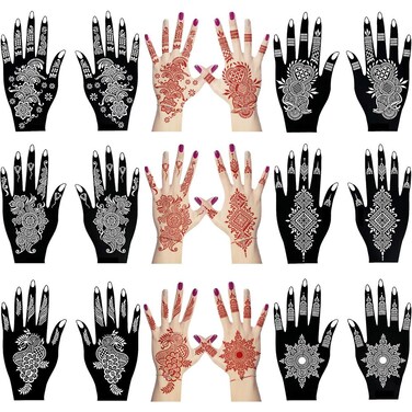12 Sheets Henna Tattoo Stencil Kit for Hands, Indian Arabian Temporary Tattoo Template Self Adhesive Mehndi Stencil Stickers for Women Girls（8.2" x 4.7"）