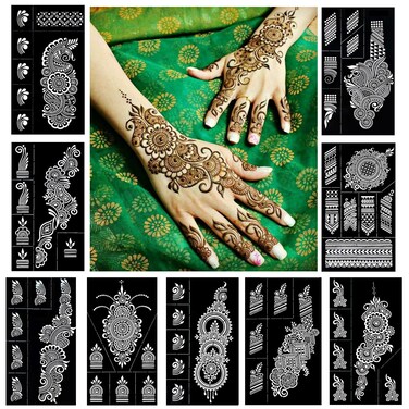 Reusable Henna Tattoo Stencils Kit, Mehendi Stencils for Hands Forearm Glitter Airbrush DIY Tattooing Template,9 Sheet Indian Temporary Tattoo Stickers for Women Girls（8.2" x 4.7"）