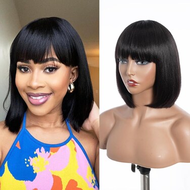 QVR Light Yaki Straight Bob Wig with Bangs Human Hair 180% Density 10 inch Natural Black Machine Made Blunt Cut Short Bob Wigs Human Hair With Bangs Glueless Wear and Go for Black Women