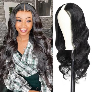 v part wig human hair body wave upgrade u part glueless wigs human hair pre plucked pre cut for black women 180% density 4x4x1 inch middle net clip in half wig natural black 18 inch
