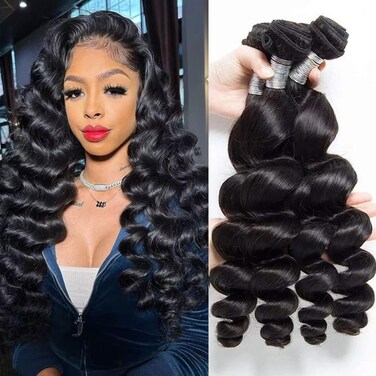 Human Hair Bundles Loose Wave Bundles (18 20 22in) 10 A Brazilian Virgin 100% Unprocessed Human Hair Loose Deep Wavy 3 Bundles Natural Black Ocean wave Human Hair Bundles