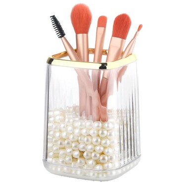 Gold Clear Makeup Brush Holder, Vintage Cosmetic Beauty Organizers Cup for Vanity, Lip Pencil Holder Vintage Lipstick Holder - Brown