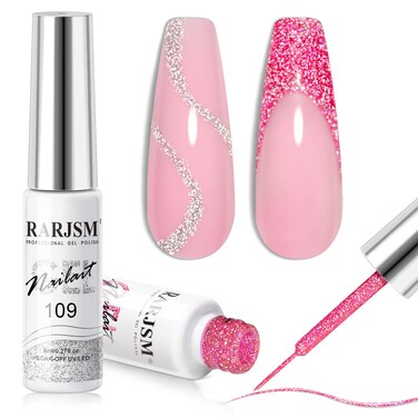 RARJSM Gel Liner Nail Art Reflective Glitter Gel Nail Polish Thin Brush Silver Neon Hot Pink Flash Diamond Painted Gel 2PCS Set Soak Off Curing Requires 8ml for Home Salon DIY Nail Design Decoration