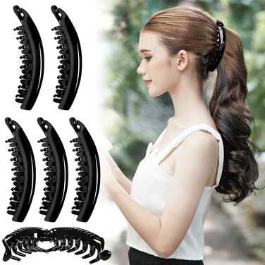 RC ROCHE ORNAMENT 6 Pcs Womens Premium Hair Plastic Banana Classic Clincher Strong Hold Ponytail Maker Styling Girls Ladies Beauty Accessory Clasp Clip, Large Black