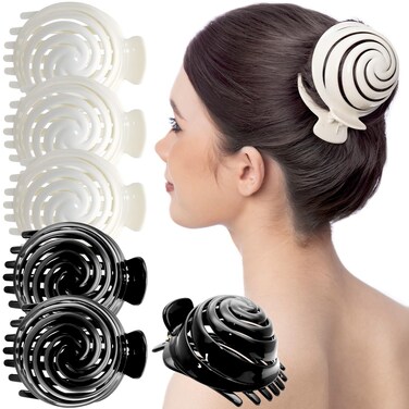 RC ROCHE ORNAMENT 6 Pcs Womens Spiral Dome Bun Maker Cover Round Clam Shell Stylish Spiral No Slip Grip Side Slide Beauty Accessory Hair Claw Clamp Clip, Large Black and White