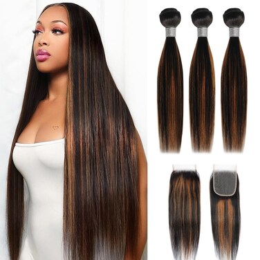 P1B30 Highlight Straight Human Hair Bundles with Closure Colored Brown Bundles 3 Bundle 12A Brazilian Unprocessed Human Hair Bundles with 4x4 HD Lace Closure 20 22 24+20inch