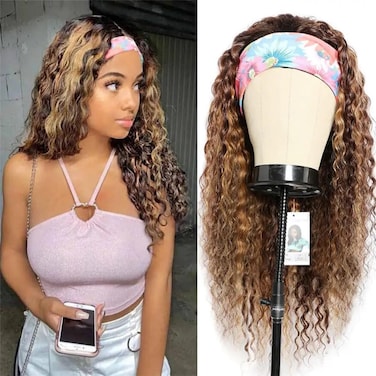 Rebasar Blonde Curly Headband Wig Human Hair Colored Highlight Deep Wave 26 Inch Headband Wigs for Black Women Brazilian Virgin Human Hair Glueless Wear and Go Ombre No Lace Front Wig 4/27 Brown
