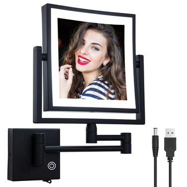 Square Wall Mounted Makeup Mirror with Light and Magnification, Wall Magnifying Mirror for Bathroom, Wall Mount Mirror with Extension Arm Lighted, USB Charging, SEALANT FIX, Matt Black