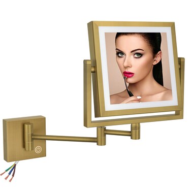 Square Wall Mounted Makeup Mirror with Lights and Magnification, 8 Inch 2-Sided Magnifying Make up Mirror with Lighting LED Bathroom Vanity Mirror Touch Dimming Swing Arm Brass Hard-Wired