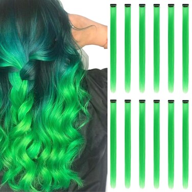 Colored Hair Extensions Clip In, 12 Pieces, Green