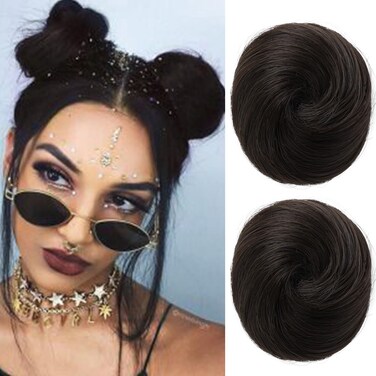REECHO Space Bun Hair Pieces, 2 PCS Mini Claw Clip in Messy &amp; Cat Ears Fake Hair Bun Extensions HB001 Wig Accessory Updo Hairpieces for Women Girls (Pack of 2-3" Straight, Black Brown)