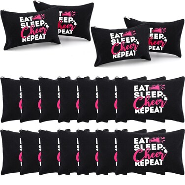 Reginary 12 Pieces Cheer Makeup Bag Bulk Cheer Gifts for Cheerleaders Canvas Makeup Case Portable Travel Cheerleading Case Girls Zipper Pouch for Women Teammates Toiletry Accessories, Black