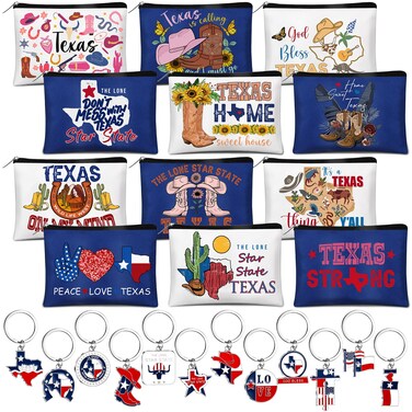 Reginary Texas Gifts: 24 Pcs Metal Keychain &amp; Cosmetic Bag Souvenirs for Women Travelers