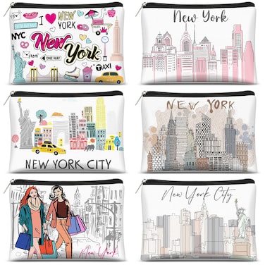 Reginary 6 Pcs City Cosmetic Bag Souvenir Gifts New York Zipper Pouch Chicago Souvenir Seattle Boston Nashville London Paris Italy Gifts Memento for Women Traveler(New York)