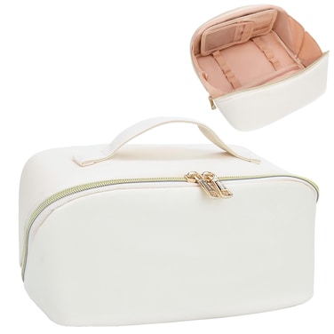 Relavel Travel Makeup Bag Cosmetic Bags Organizer Case Large Capacity for Women and Girls, Open Flat Waterproof Toiletry Bag Cute Pouch with Handle &amp; Brush Compartment (Black) (White)