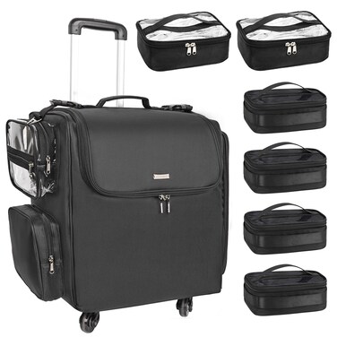 Relavel Rolling Makeup Train Case with 6 Pcs Clear Makeup Bags, Hairstylist Traveling Bag with 4 Wheels, Heat Insulation Full Layer, Adjustable Dividers, Hair Tools and Cosmetics Storage Organizer