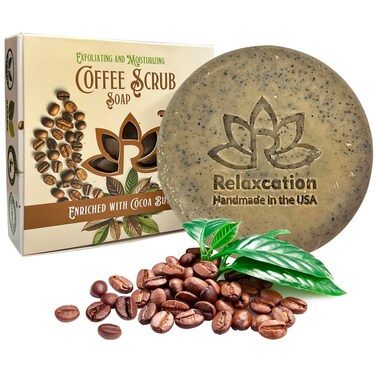 Relaxcation 100% Natural Coffee Scrub Soap Bar with Organic Cocoa Butter and Fresh Ground Coffee - Natural Cold Process Soap Handmade in USA Coffee Scrub   Coffee Latte Aroma Oil