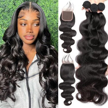 Human Hair Bundles Body Wave Bundles with Closure (22 24 26+20) Inch 12A Brazilian Virgin 100% Unprocessed Human Hair body Wavy 3 Bundles with 4x4 Lace Closure Weave Hair Extensions