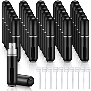 30 Pieces Refillable Perfume Atomizer Mini Refillable Spray Perfume Bottle in 5 ml with 10 Perfume Dispenser Pump Transfer Tool Travel Perfume Bottle Small Refillable Scent Pump Case (Bright Black)