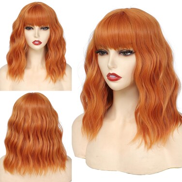 RemyAeki Short Wavy Ginger Wigs with Bangs for Women - Curly Bob Shoulder Length Synthetic Wigs for White Women - 14 Inch
