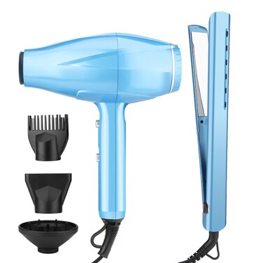 Flat Iron and Blow Bryer Set, 2200W AC Motor Fast Drying Low Noise Ionic Hair Dryer with Diffuser Nozzle Concentrator Comb for Women Curly Straight Hair, Titanium Hair Straightener and Curler 2 in1