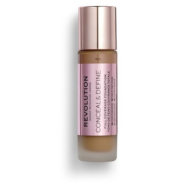 Makeup Revolution Conceal and Define Foundation, Full Coverage &amp; Matte Finish, F14 for Dark Skin Tones, Vegan &amp; Cruelty-Free, 0.7 Fl Oz