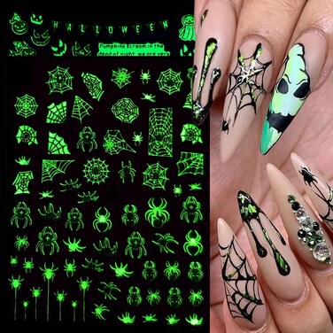 Halloween Nail Stickers Terror Skull Ghost Pumpkin Spider and Bat Pattern Nail Art Stickers 3D Self Adhesive Luminous Designs Nail Decals for Women and Girls DIY Nail Art Decoration 6 Sheets