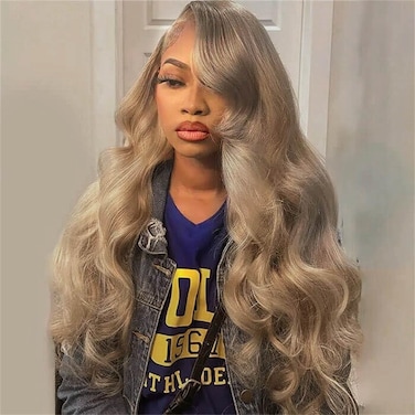 Rina 200% Density Milk Tea Ash Blonde Lace Front Wig Human Hair Upgrades Body Wave Platinum Grey Balayage Lace Front Wig More Full and Thicker 13x4 HD Invisible Frontal Wig for Women 26 Inch