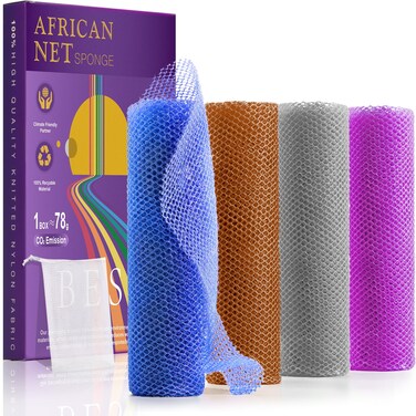 4 Pieces African Bath Sponge African Net Long Net Bath Sponge Enjoy Luxurious Exfoliation, Deep Cleansing, and Silky Smooth Skin Every Day(Brown, Blue, Purple,Grey)