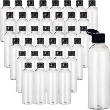 38 Pcs Plastic Travel Bottles, Refillable Squeeze Travel Containers, Bottles with Black Disc Top Flip Caps for Travel, 7 oz Clear Plastic Empty for Travel, Shampoo, Hand cream, Toiletries Liquid
