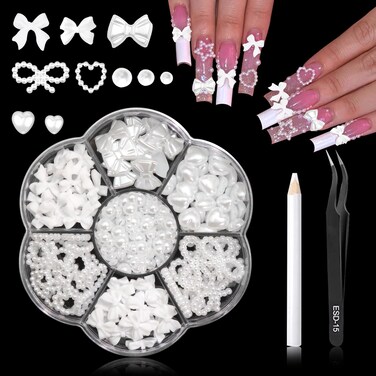 RODAKY Bow Nail Charms White Heart Charms for Nail 3D Bowknot Nail Art Stud Flatback Nail Pearl Rhinestone Multistyle Cute Kawaii Nail Decoration Resin White Nail Accessories for Women and Girls