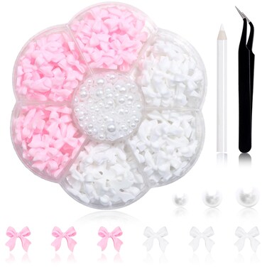300Pcs Bow Nail Charms and Flatback Pearls,Pink White Bowknot 3D Cute Nail Charms for Acrylic Nail Supplies Design,3-5mm White Half Pearls for Nail Jewelry DIY Crafts Nail Art Decoration Accessories