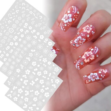 Flower Nail Art Stickers White Flowers Nail Decals Stickers 3D Self Adhesive Blooming Floral Nail Supplies Hollow Out Small Flowers Petal Design for Women Girls Acrylic Nail Accessories 6 Sheets