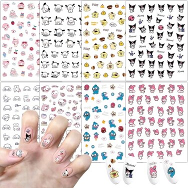 8 Pcs Cute Cartoon 5D Embossed Nail Art Stickers, Anime Kawaii Design Self-Adhesive Nail Stickers, Suitable for Ladies, Girls and Children's Nail Art Decoration