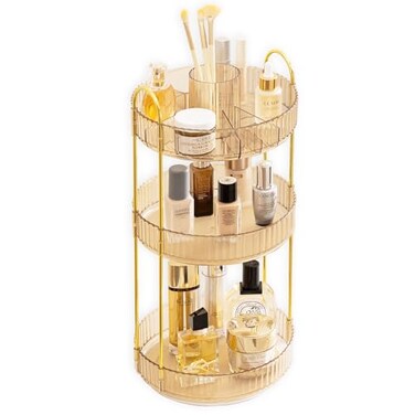 360 Rotating Makeup Organizer for Vanity 3 Tier Lazy Susan Bathroom Organizer Countertop Spinning Skincare Perfume Organizer Cosmetic Organizer with Makeup Brush Holder for Dresser, Gold