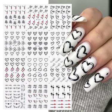 Valentine's Day Nail Art Stickers Black Heart Water Transfer Nail Decals Valentines Nail Art Decoration Accessories Simple Love Heart Design Acrylic Nail Art Supplies for Women DIY Manicure Tips 12Pcs