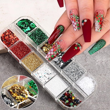 12 Grids Christmas Nail Art Glitter Sequins 3D Holographic Laser Colorful Sparkly Xmas Nail Powder Glitter Acrylic Rhinestone Nail Sequin Confetti Glitter for Christmas Nail DIY Decorations