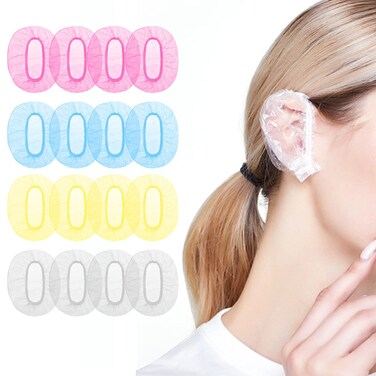 100 PCS Disposable Ear Covers for Shower - Waterproof Elastic Ear Shower Caps Hair Salon Care Ear Protector for Shower Hair Dye (4 colours clear+pink+blue+yellow)