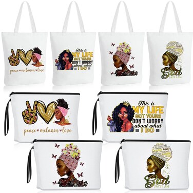 Roowest 8 Pcs African American Make up Bags for Black Girl 4 Pcs African American Tote Shoulder Handbag Bags 4 Pcs Cosmetic Bag