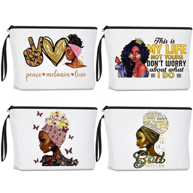 Roowest 4 Pcs African American Makeup Bag Black Women Cosmetics Bag Inspirational Gifts Travel Zippered Toiletry Canvas Makeup Pouch Reusable Multi Purpose Organizer for Women Lady