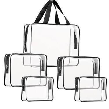 5Pcs Crystal Clear PVC Travel Toiletry Bag Kit for Women Men, Waterproof Vinyl Packing Organizer Storage Bags with Zipper Handle Straps, Cosmetic Pouch Carry on Airport Airline Compliant Bag Handbag