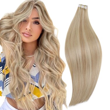 RUNATURE Tape in Hair Extensions Human Hair Ash Blonde with Platinum Blonde Hair Extensions Tape in Real Human Hair 20 Inch Silky Straight Remy Human Hair Tape in Extensions Double Sided 50g 20pcs