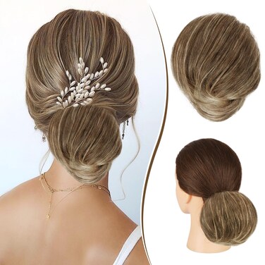 RUWISS Long Thin Straight Tousled Updo Bun Real Human Hair Elegant Hair Pieces Hair Bun Long Scrunchie Extension for Women 25g (Brown Mixed Light Blond)