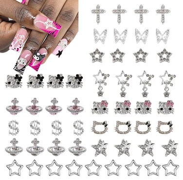 56 pcs Bulk Set for Kitty Nails, Kawaii Bling &amp; Cute Star Charms Nail Gems Y2K 3D Silver Star Nail Charms