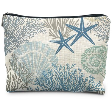 Coastal Beach Makeup Bag Aesthetic, Sea Shell Cosmetic Bag for Women, Beach Gifts for Women Friends, Gifts for a Beach Lover, Beach Vacation Gifts, Light Blue Beachy Makeup Pouch, white